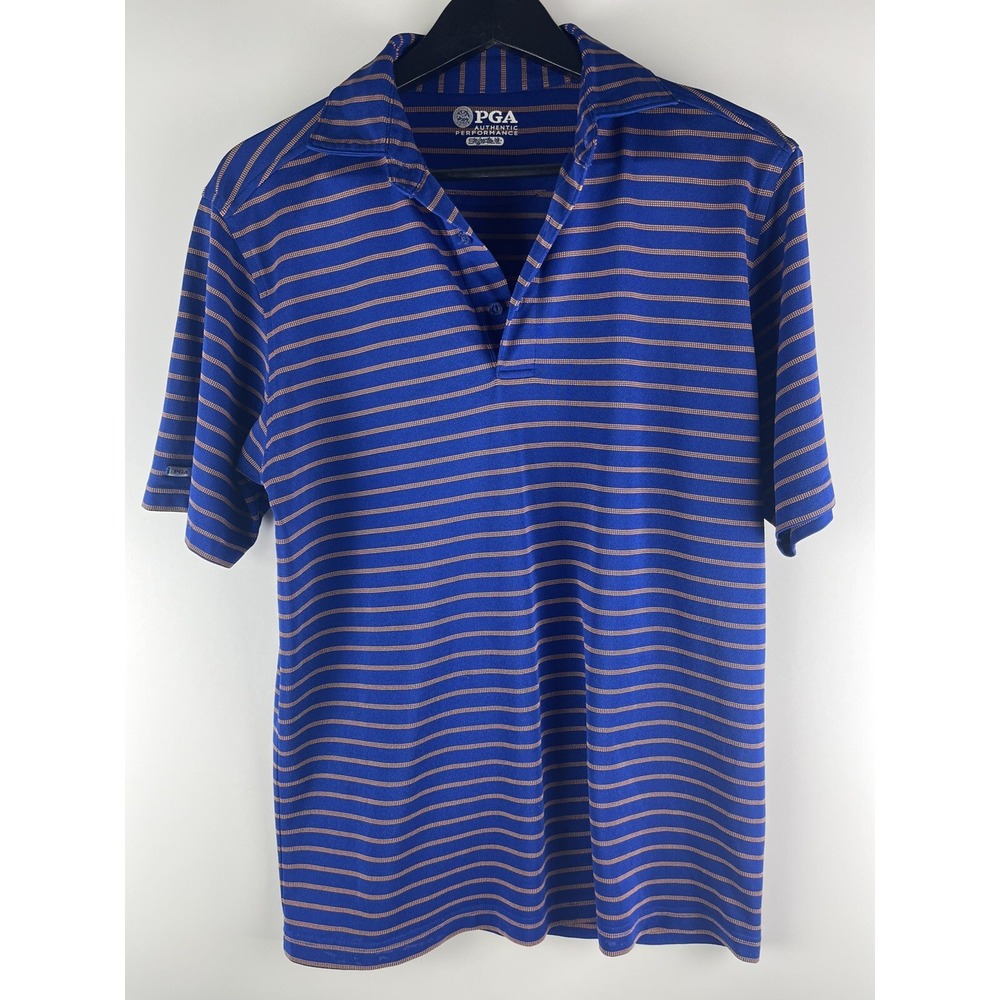 PGA Authentic Performance Golf Shirt Navy Blue & Orange Striped Size Small Polo